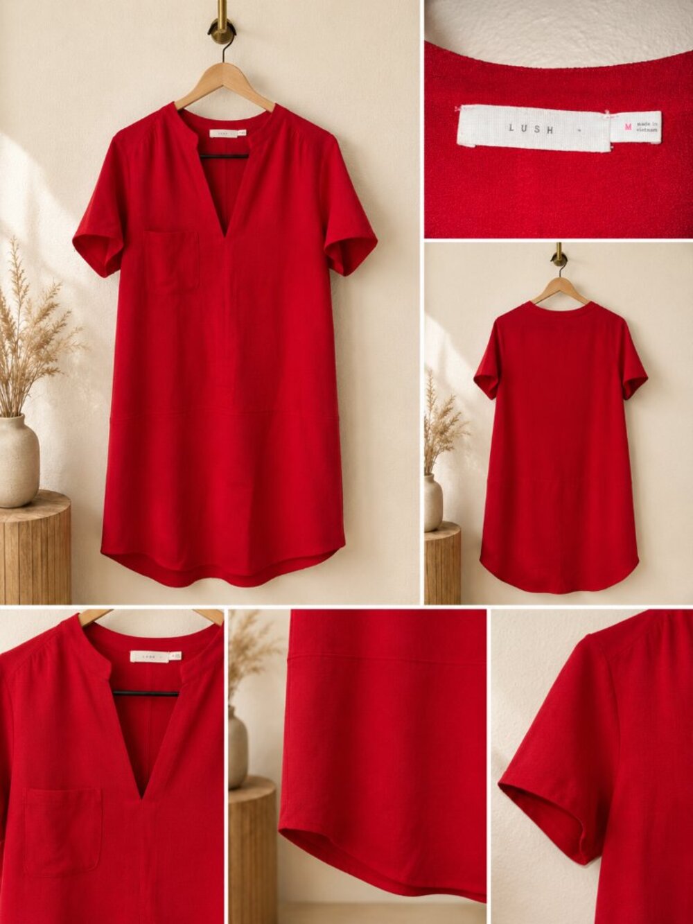 Lush Red V-Neck Shift Dress - Size Medium